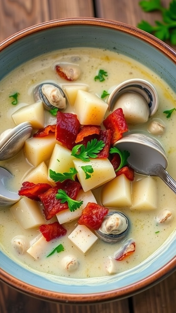A cozy bowl of clam chowder with clams, potatoes, and bacon, garnished with parsley on a wooden table.